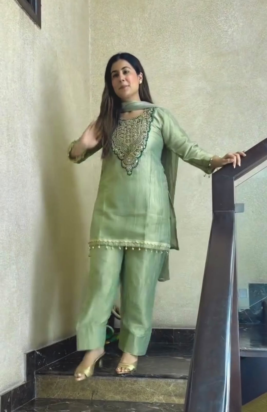 Pure Tissue Salsa Sequence Embroidered 3-Piece Kurti Set with Plazo & Dupatta
