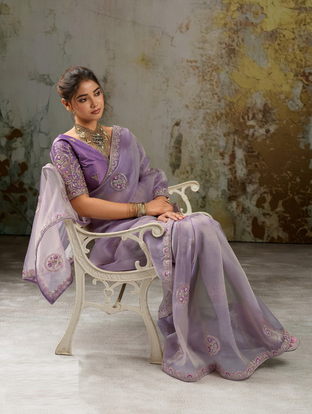 Metallic Tissue Saree with Pita Zari & Antique Sleeve-Embroidered Satin Blouse