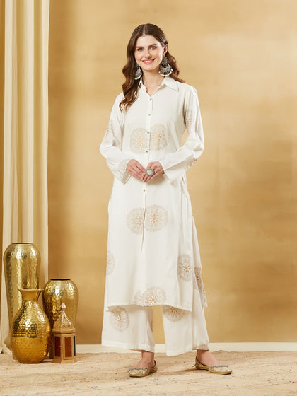 White Rayon Foil Print Kurta Palazzo Sets