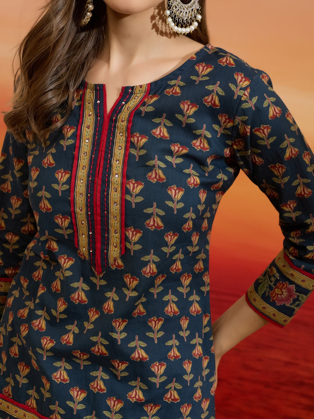 Floral & Botanical Printed Blue Cotton 3-Piece Kurti Skirt Dupatta Set