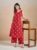 Women Animal Print Pure Cotton Red A-Line Kurti with Pants