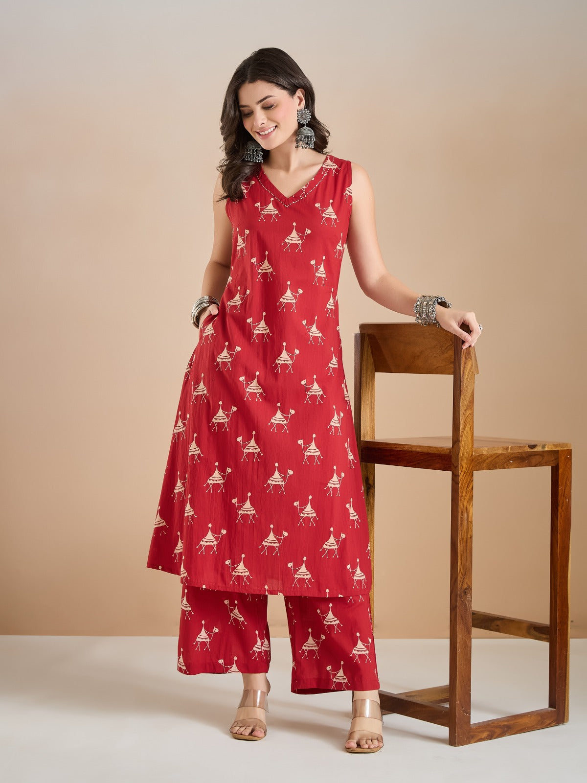 Women Animal Print Pure Cotton Red A-Line Kurti with Pants