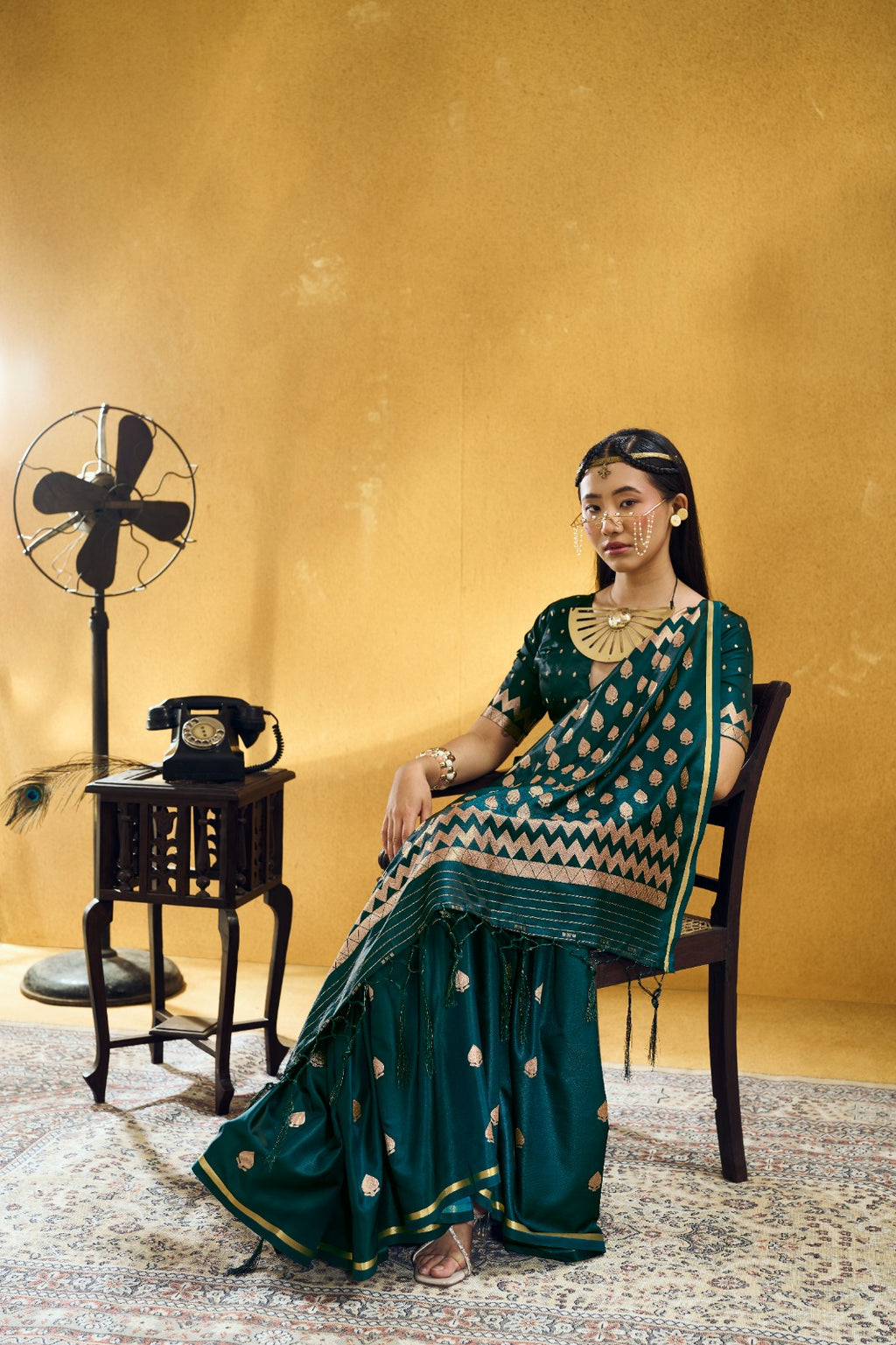 Premium Handloom Satin Silk Saree with Zari Motifs & Chevron Pallu