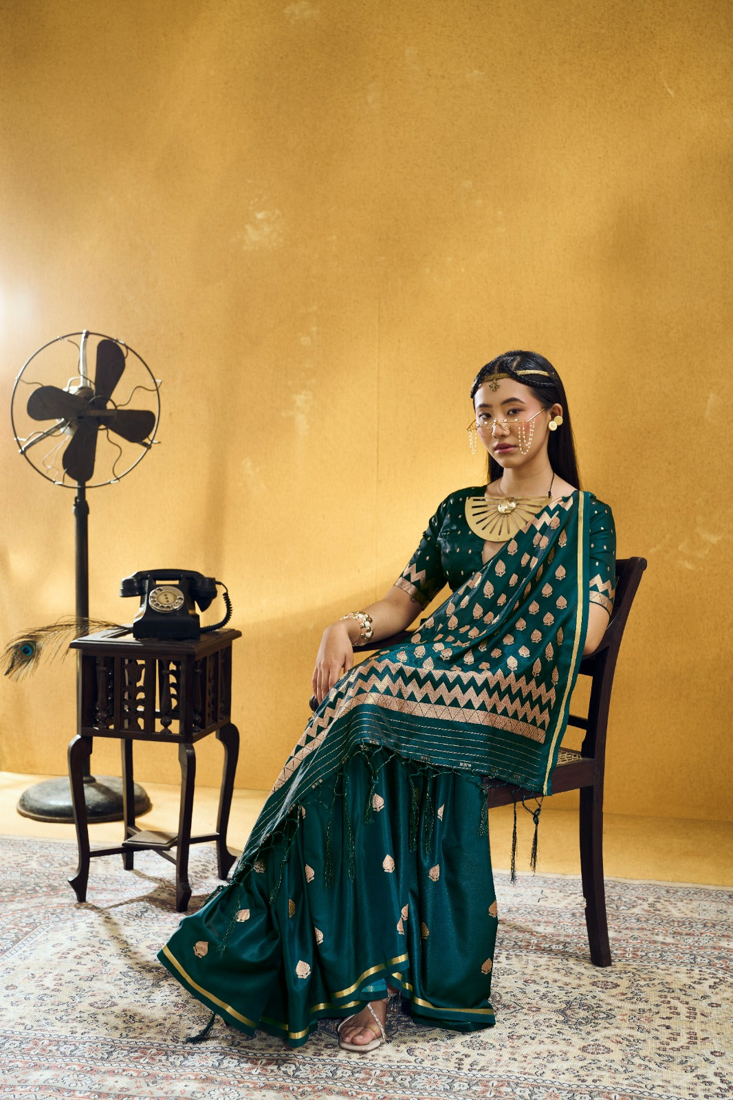 Premium Handloom Satin Silk Saree with Zari Motifs & Chevron Pallu