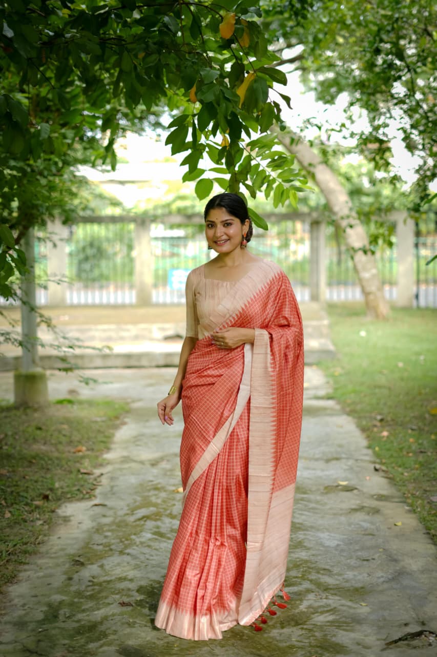 Soft Tussar Silk Saree with Kantha Weave Contrast Border & Check Print