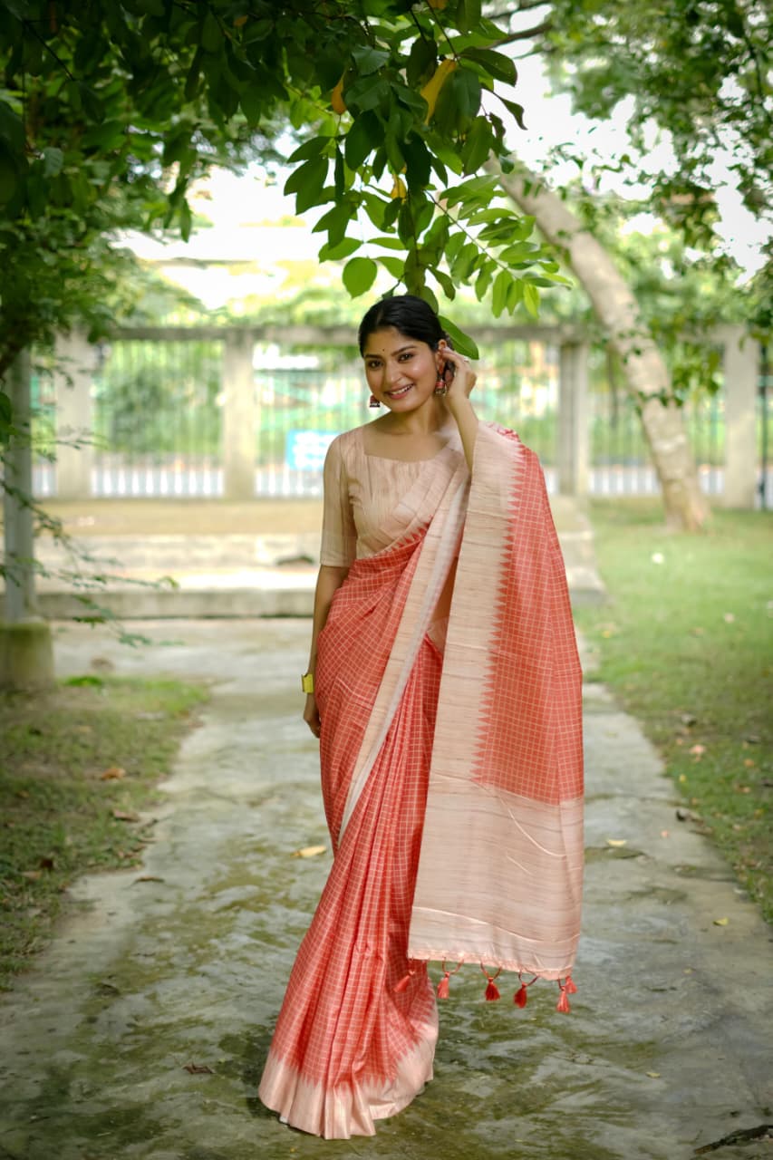 Soft Tussar Silk Saree with Kantha Weave Contrast Border & Check Print