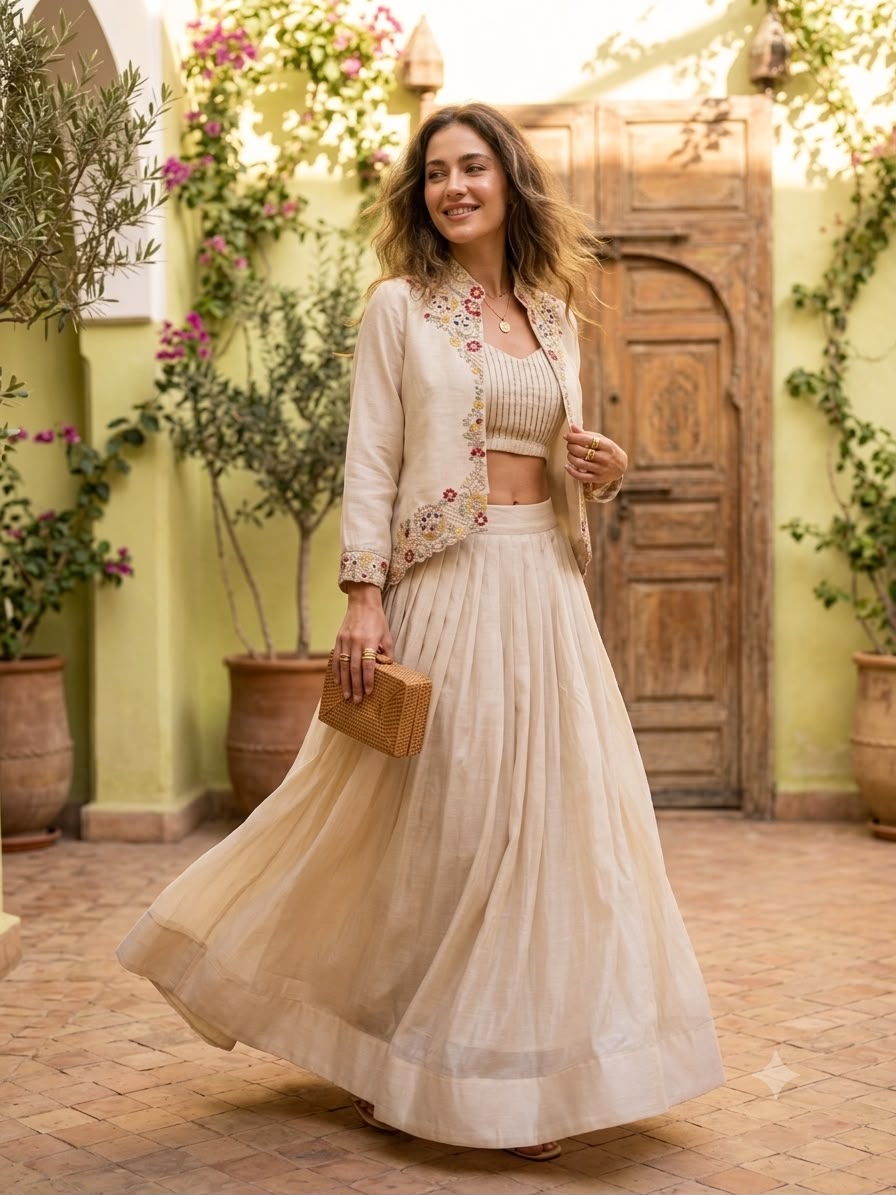 Festive Fusion Opulence: Premium Zazu Silk Embroidered Jacket Lehenga Set with 3-Meter Flair