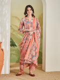 Floral Printed Straight Fit Pure Cotton Orange Kurta with Trousers & Dupatta