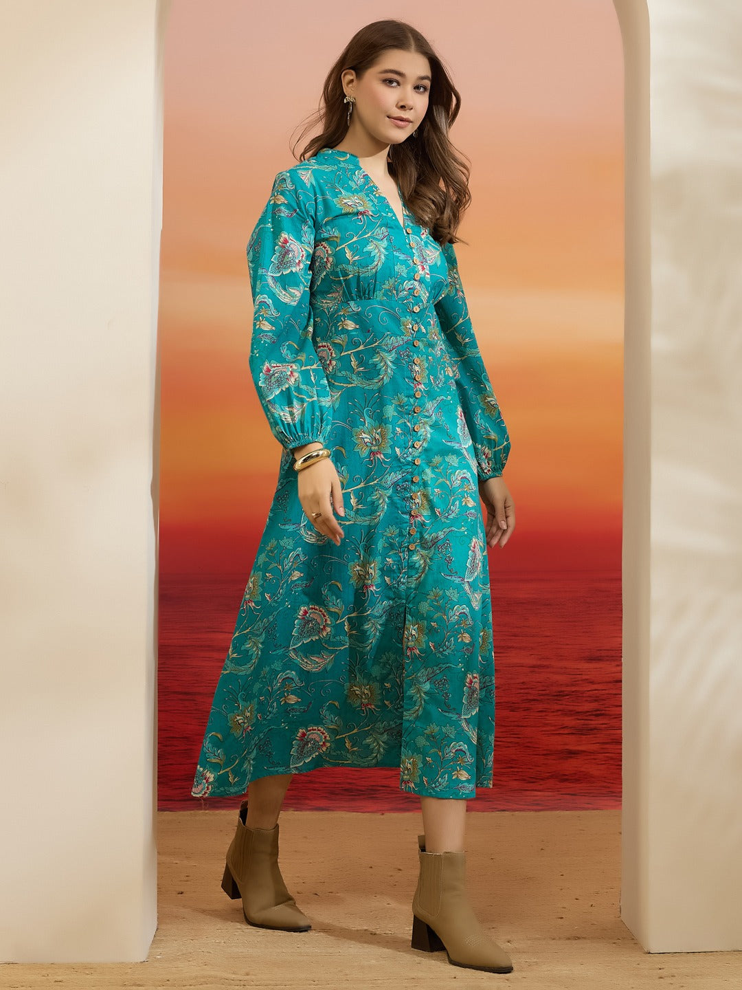 Turquoise Blue Floral Printed Pure Cotton Tiered Flared Dress