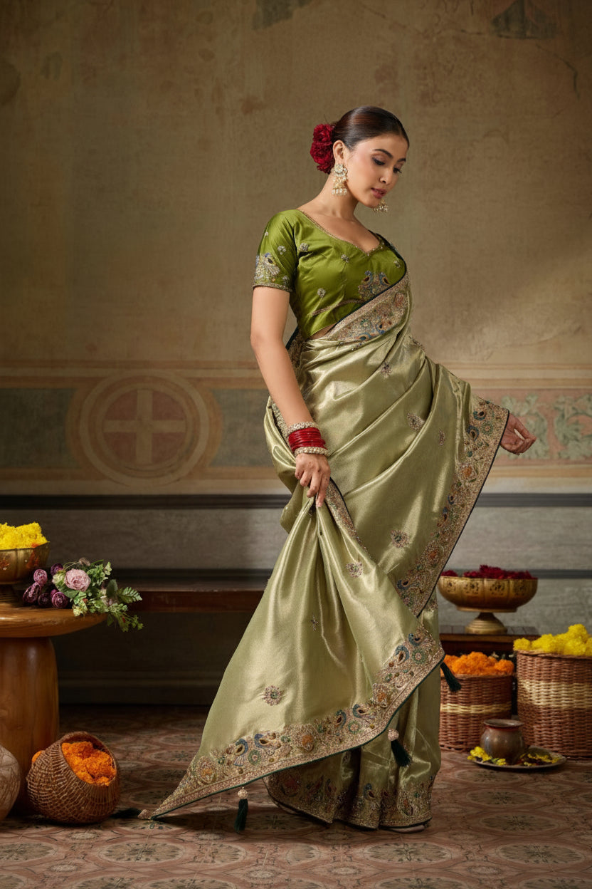 Designer Banarasi Silk Jacquard Saree with Zarkan & Pearl Handwork with Contrast Blouse