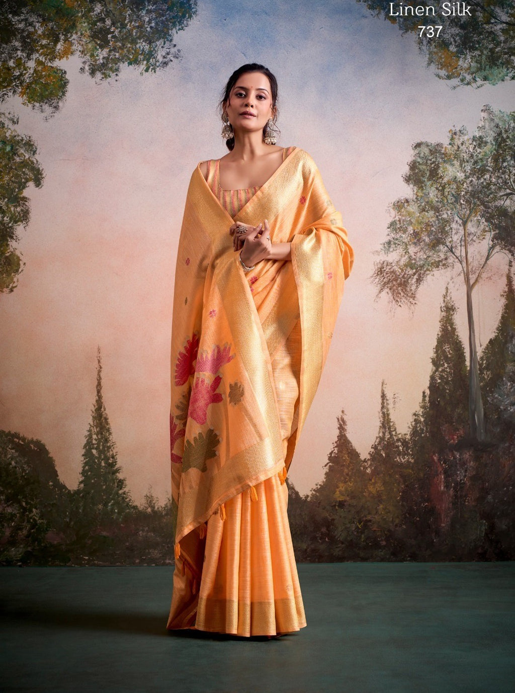 Ethereal Linen Silk Saree with Floral Motif Pallu & Printed Blouse Piece