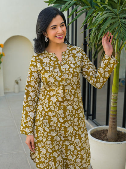 Olive Green Pure Cotton Kurta Afghani Co-ord Set