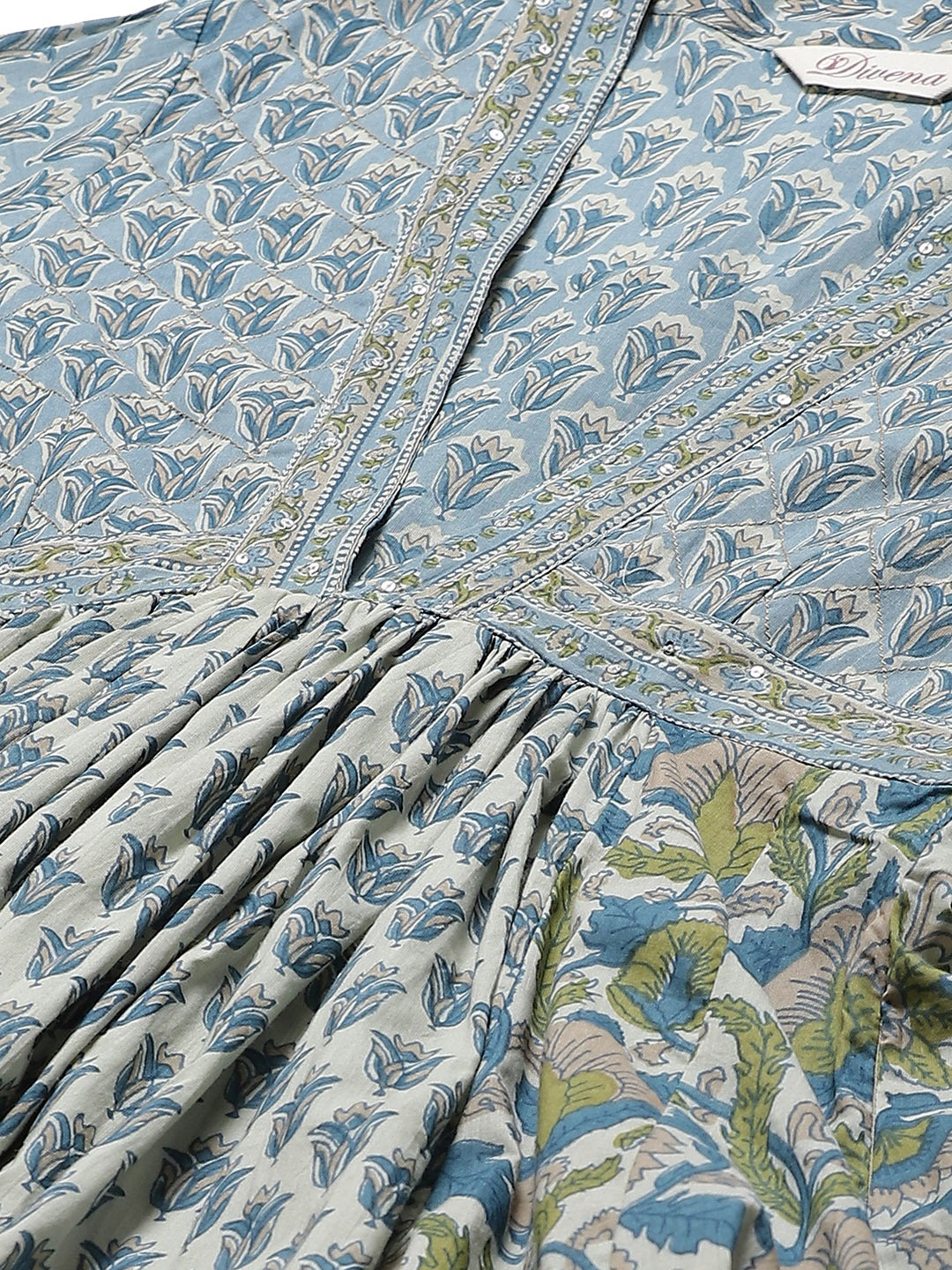 Elegant Flared Cotton Block Print Kurta with Sequin Work