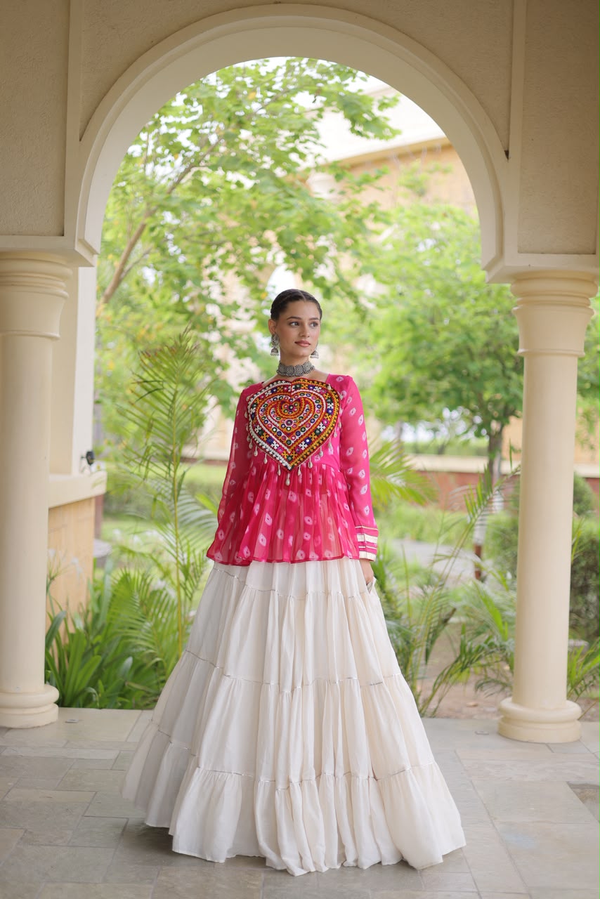 Kutchi Gamthi Patchwork Bandhani Top with Tiered Kora Cotton Lehenga