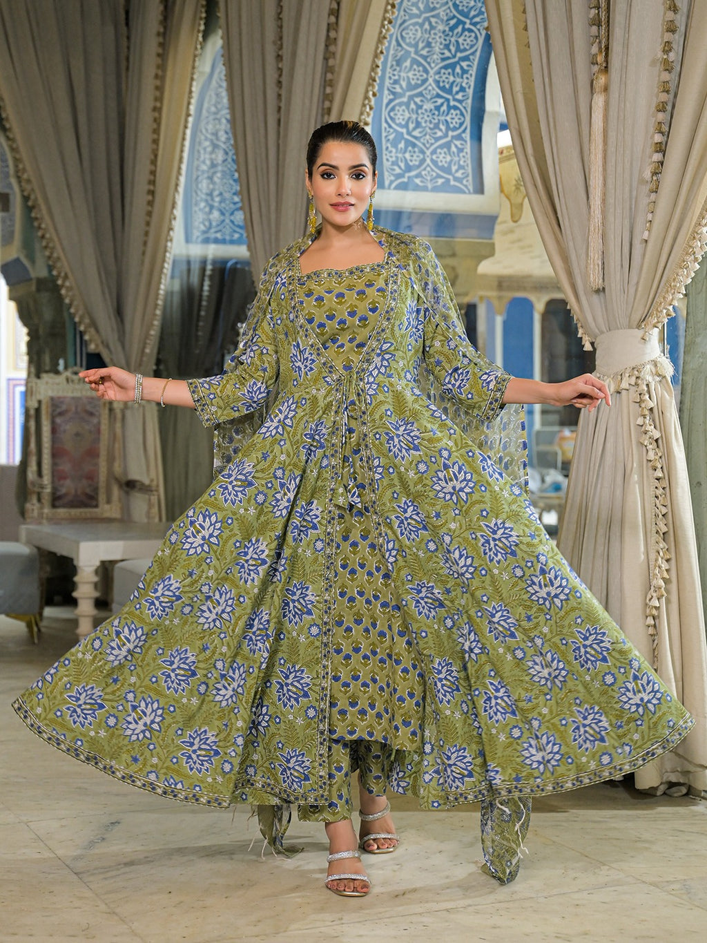 Green Hand Block Anarkali Kurta Pant With Dupatta & Jacket