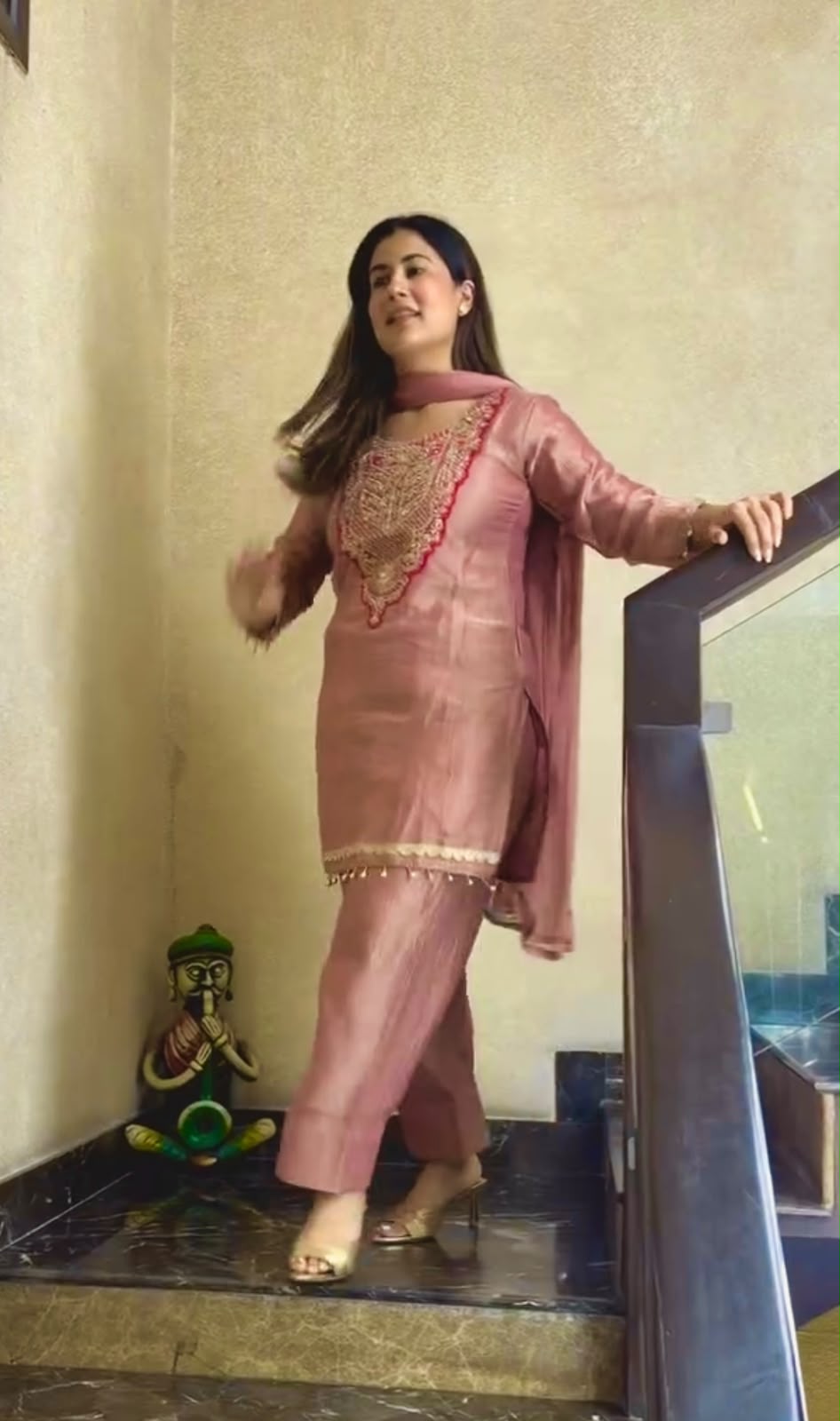 Pure Tissue Salsa Sequence Embroidered 3-Piece Kurti Set with Plazo & Dupatta