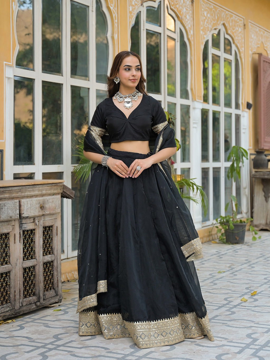 Black Solid Organza Lehenga with Choli and Dupatta