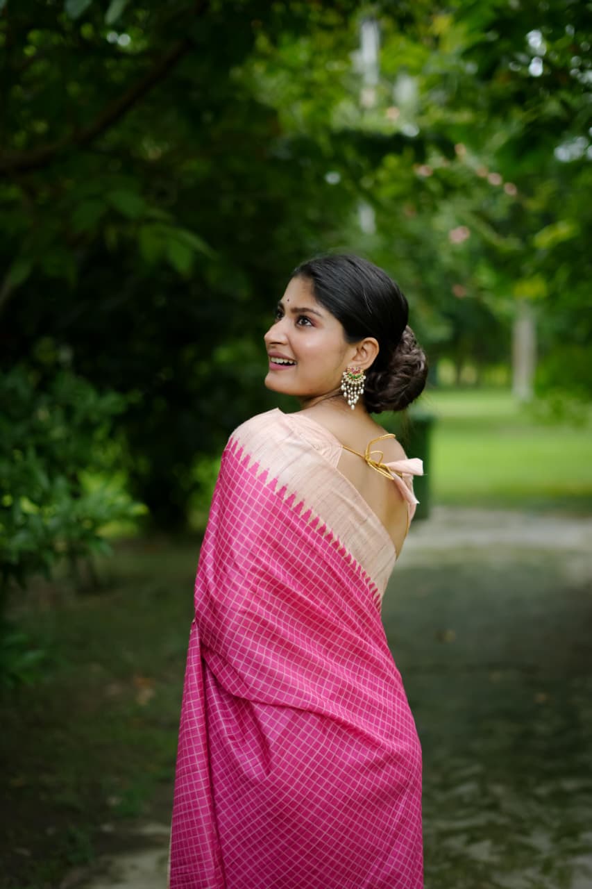 Soft Tussar Silk Saree with Kantha Weave Contrast Border & Check Print