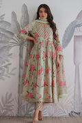 Pure Jaipuri Cotton Floral Anarkali 3-Piece Set with Handwork Yoke & Lace Dupatta
