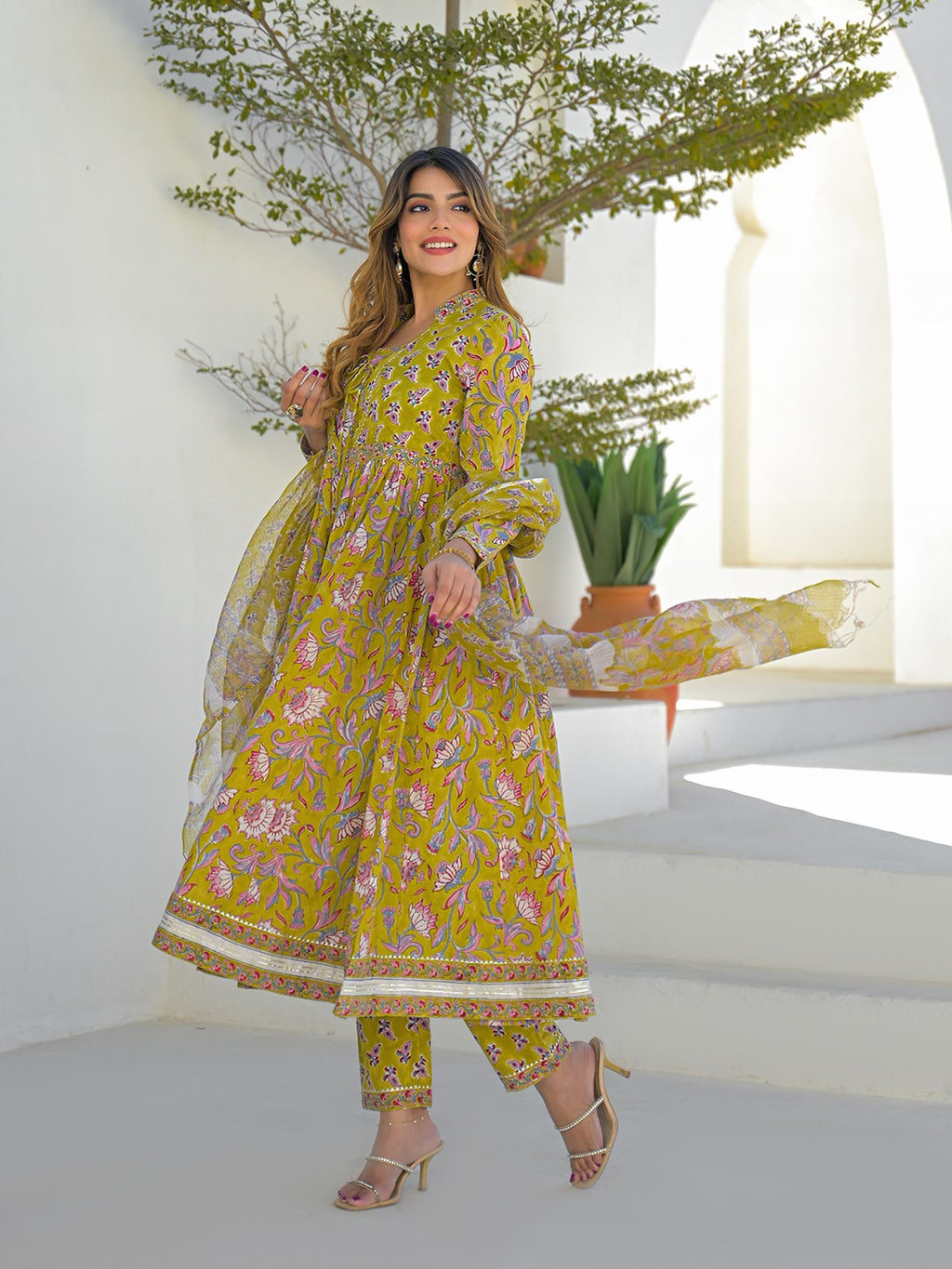 Mustard Hand Block Anarkali Kurta Pant Set With Dupatta