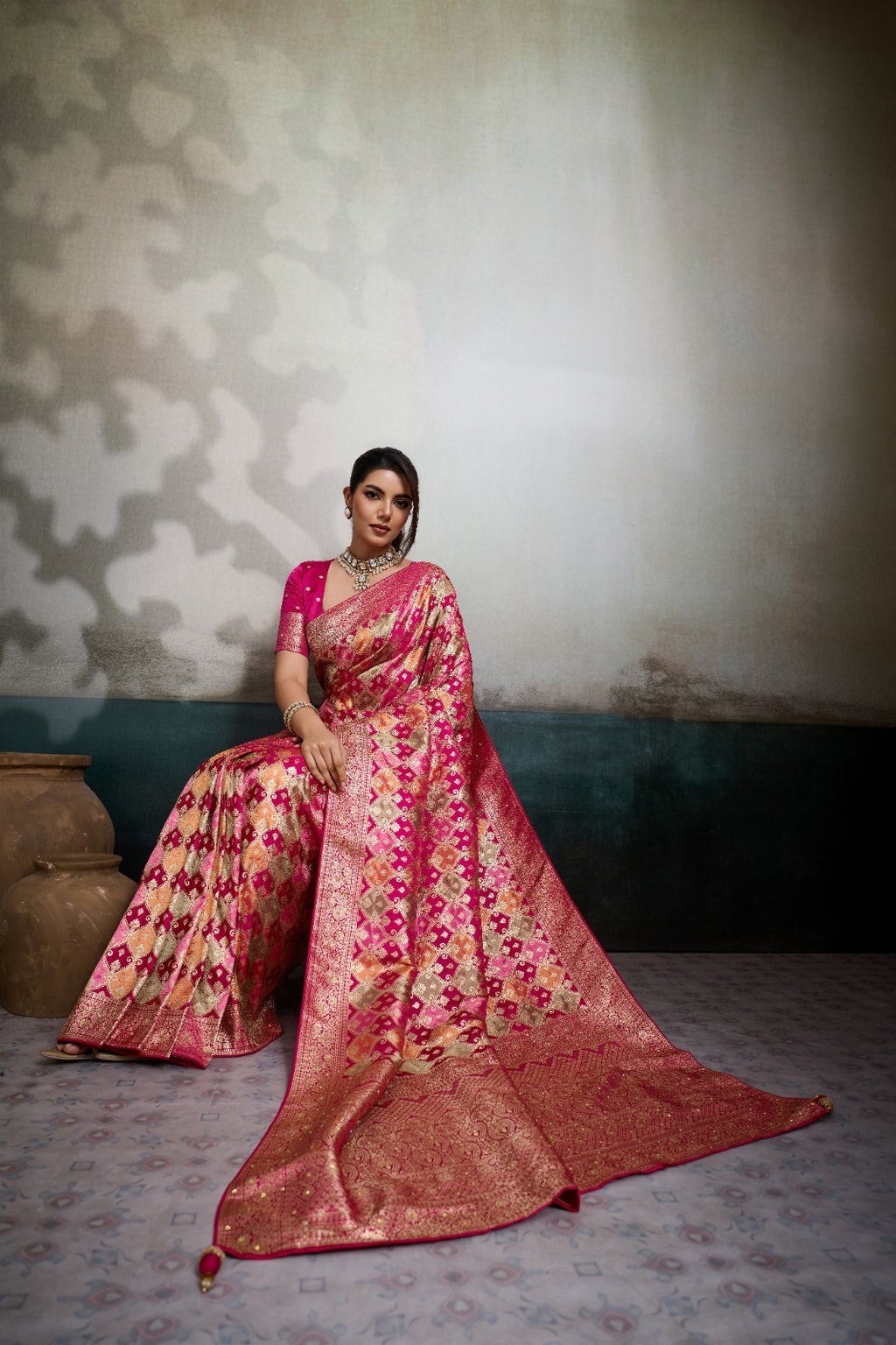 Draped in Opulence: Handcrafted Satin Masterpieces with Intricate Mosaic Weaves