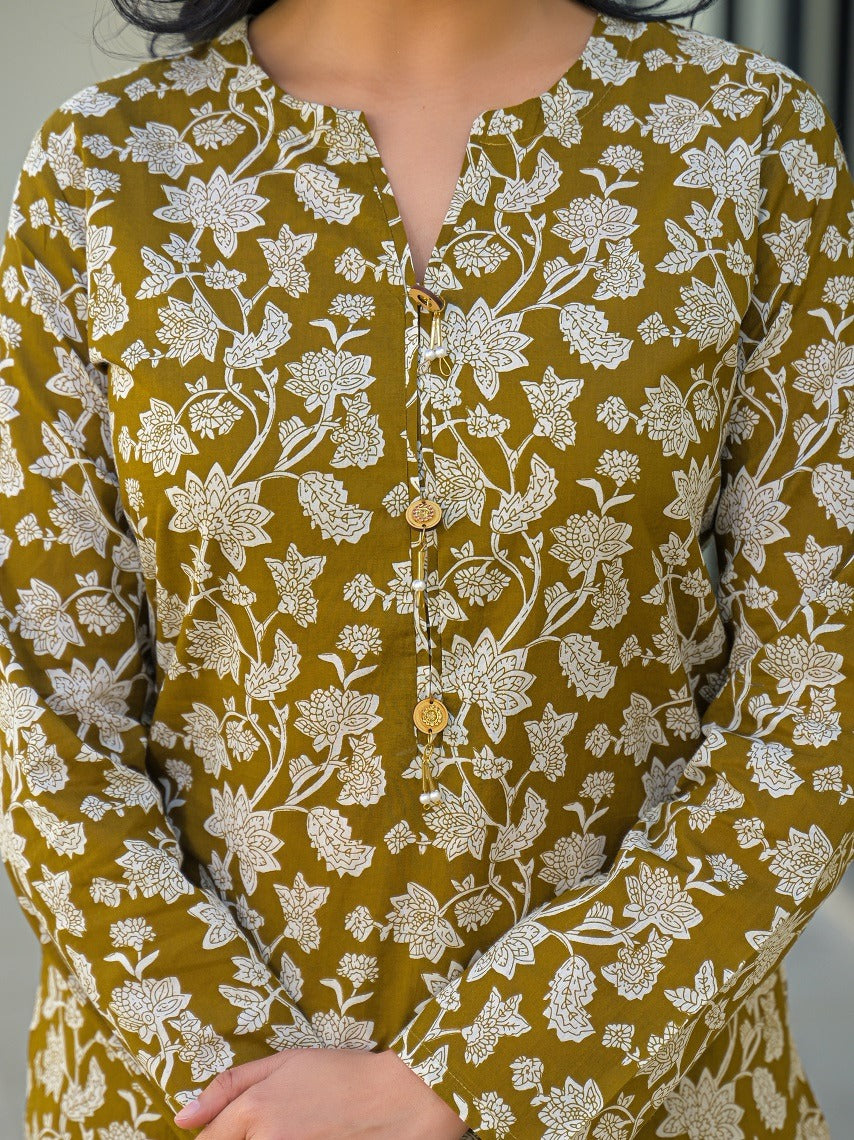 Olive Green Pure Cotton Kurta Afghani Co-ord Set