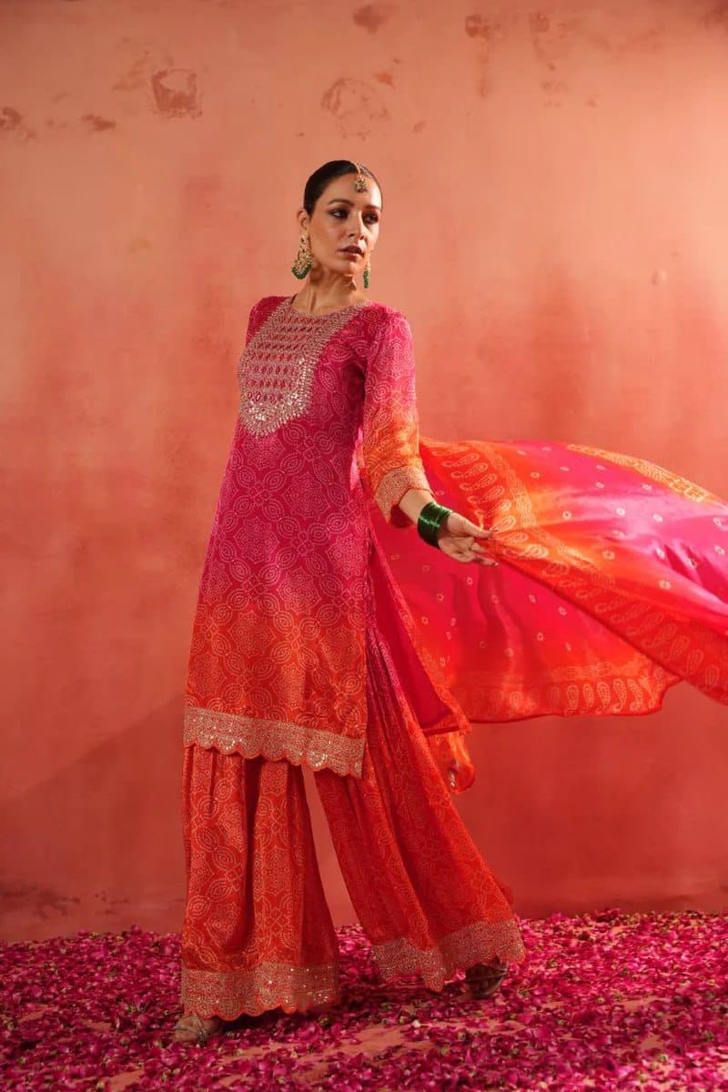 Festive Chinon Silk Bandhej Print Sharara Set | Heavy Sequence Embroidery