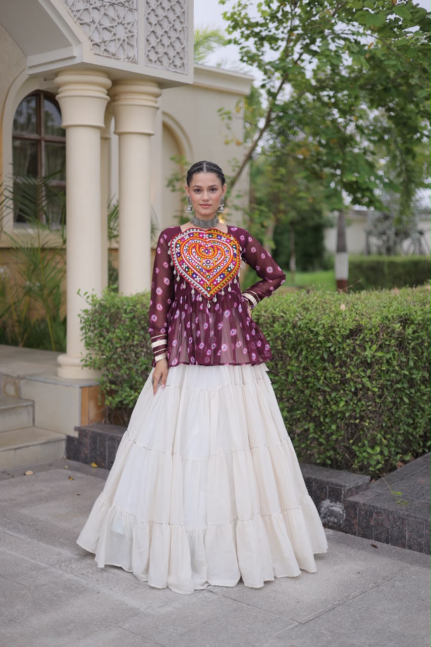 Kutchi Gamthi Patchwork Bandhani Top with Tiered Kora Cotton Lehenga