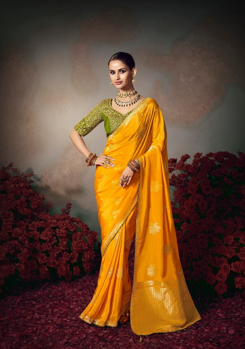Chiniya Silk Saree with Designer Lace Border & Heavy Embroidered Silk Blouse