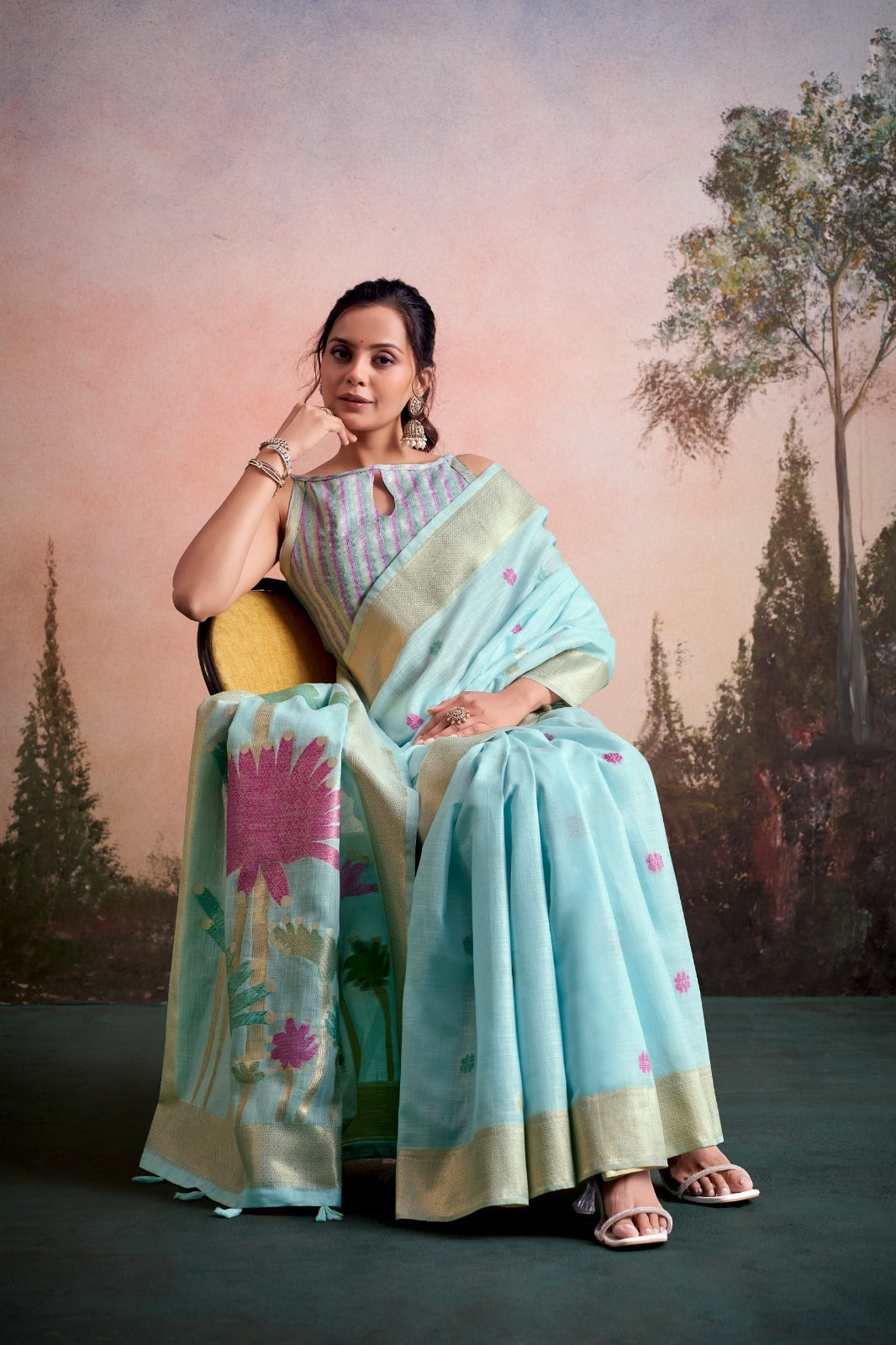 Ethereal Linen Silk Saree with Floral Motif Pallu & Printed Blouse Piece