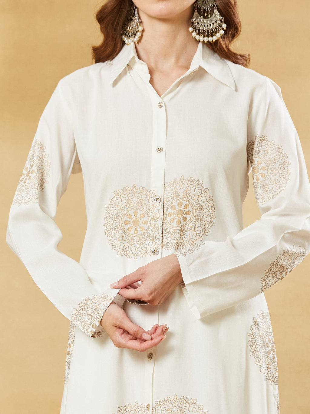 White Rayon Foil Print Kurta Palazzo Sets
