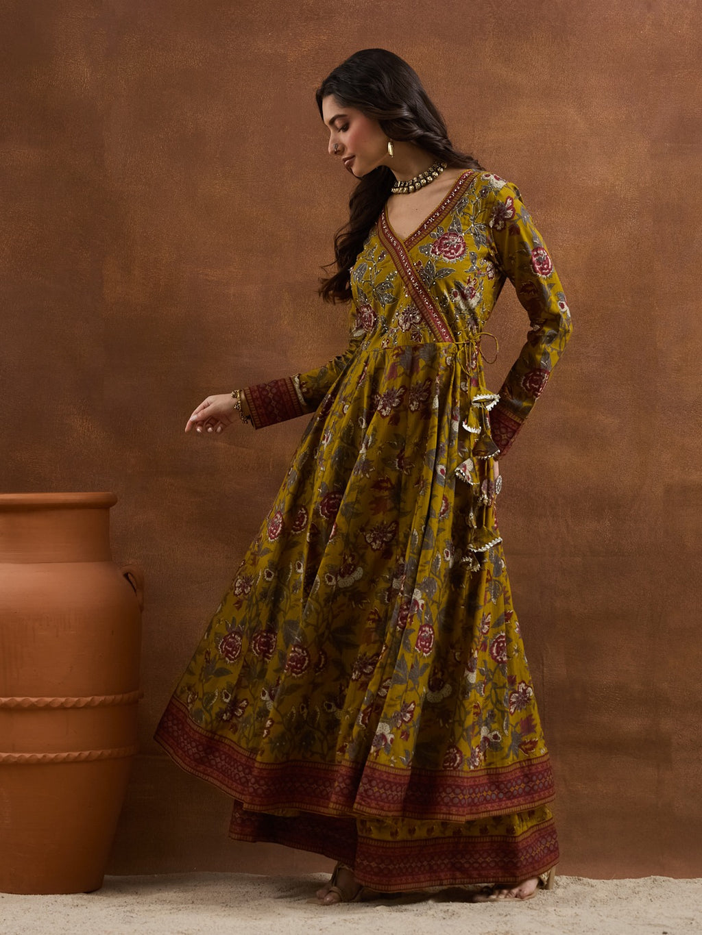 Elegant Mustard Yellow Floral Cotton Anarkali Set with Latkans & Dupatta