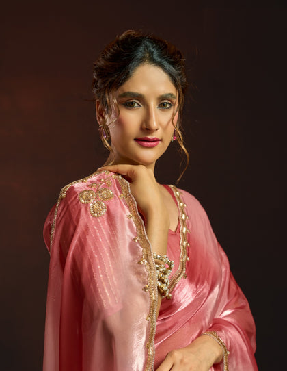 Dual-Tone Digital Shaded Fandy Satin Saree with Intricate Beadwork Border