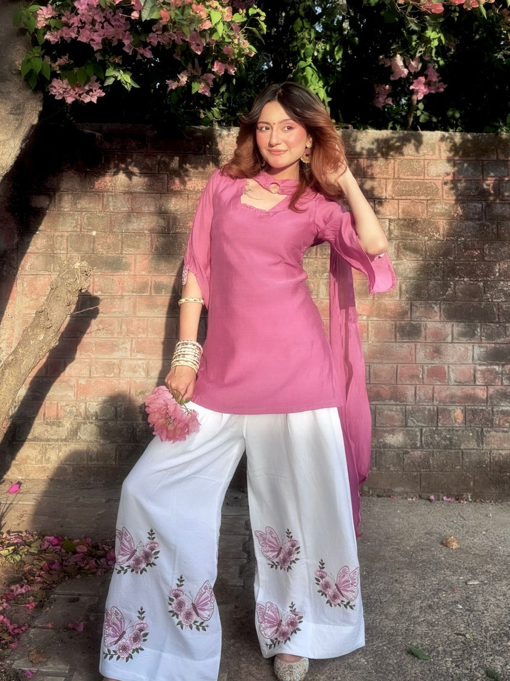 Elegant Dusty Rose Pure Roman Silk Short Kurti Set with Embroidered Palazzo