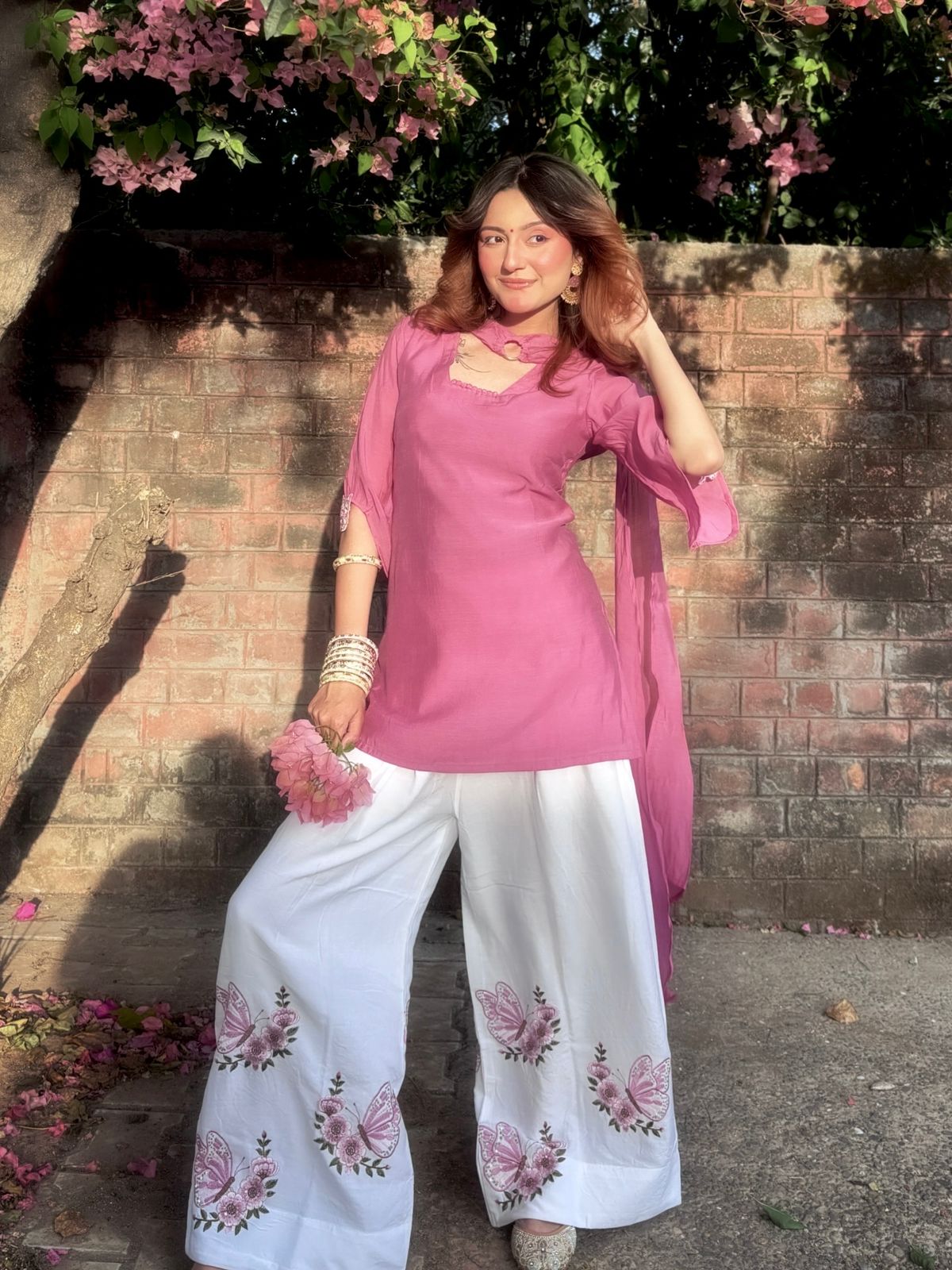Elegant Dusty Rose Pure Roman Silk Short Kurti Set with Embroidered Palazzo