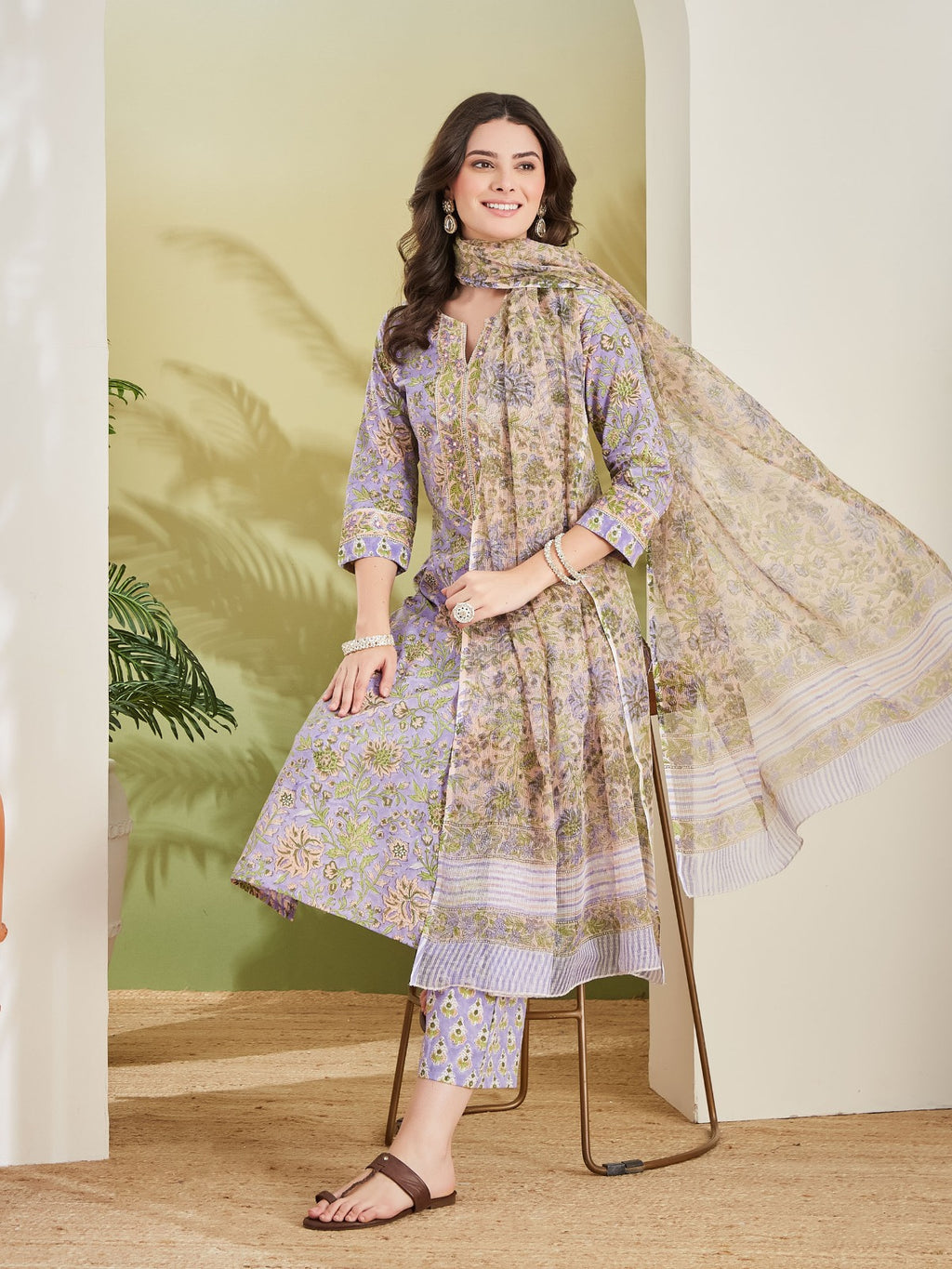 Women Hand block Printed Straight Fit Purple Kurta with Trousers & Dupatta