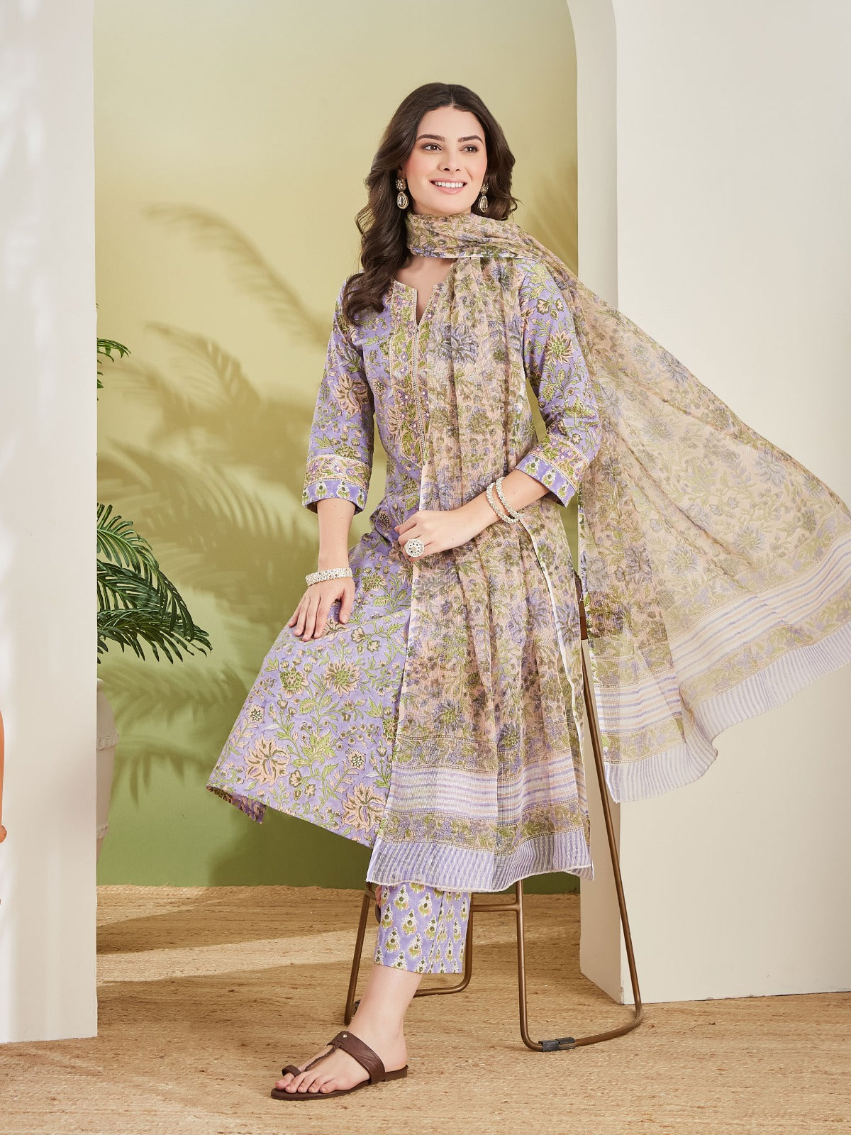 Women Hand block Printed Straight Fit Purple Kurta with Trousers & Dupatta