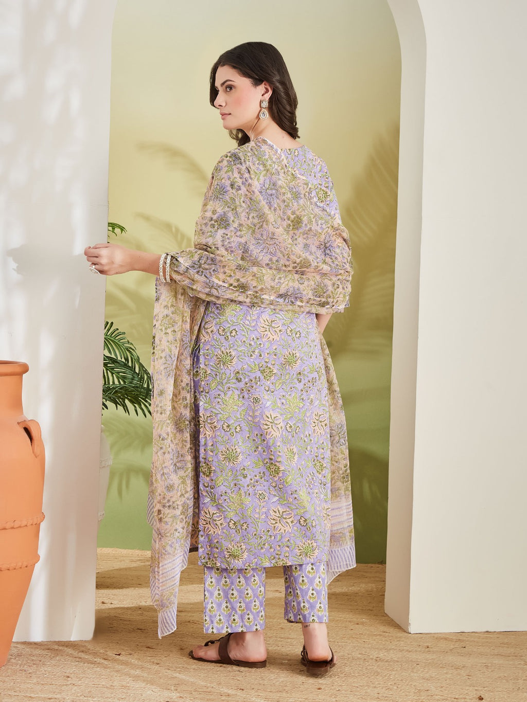 Women Hand block Printed Straight Fit Purple Kurta with Trousers & Dupatta
