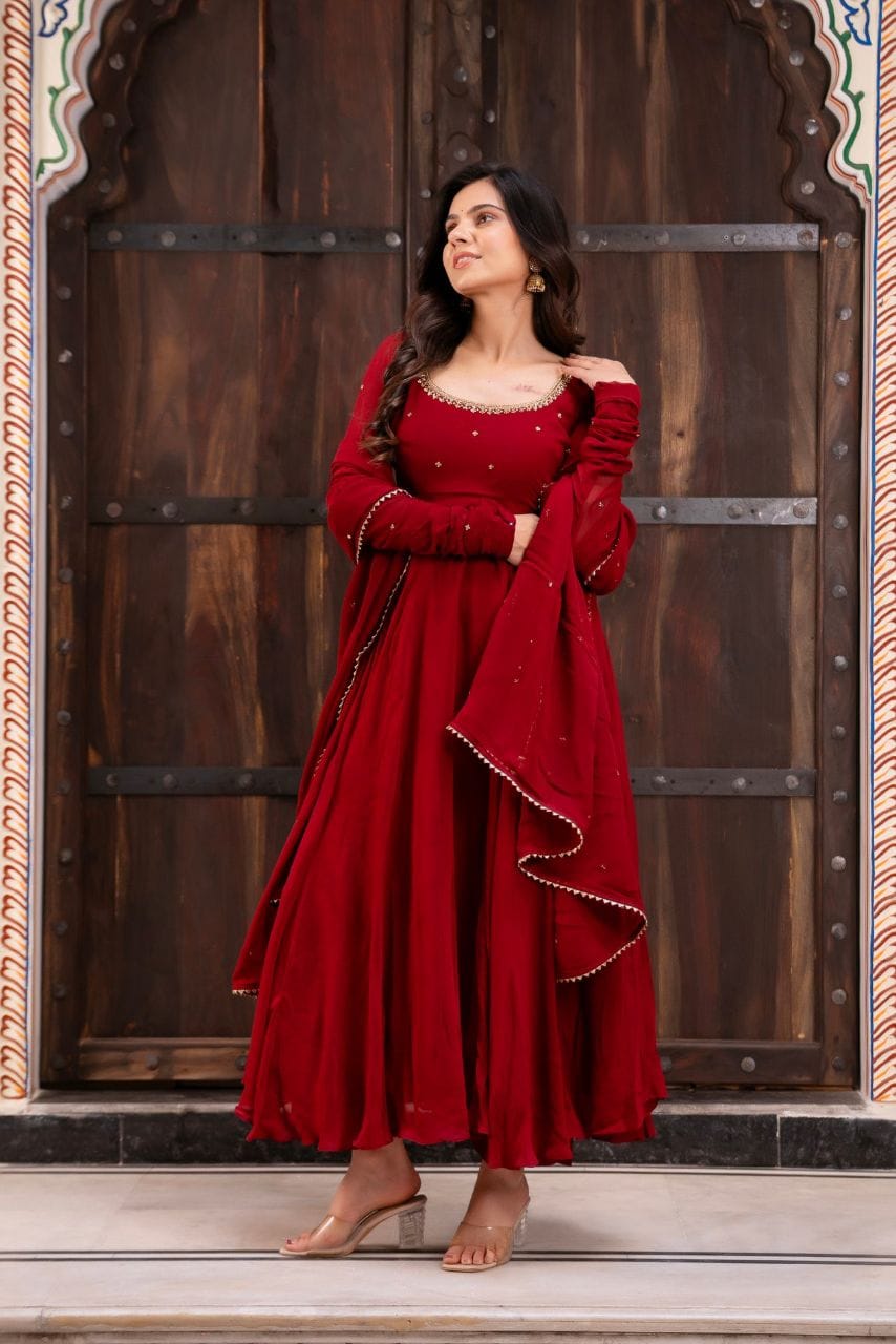 Elegance in Motion: Regal Maroon Fox Georgette Anarkali Suit Set with Intricate Handwork