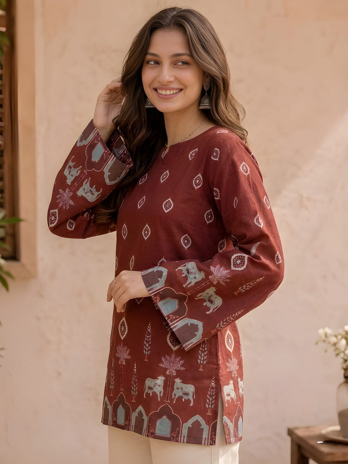 Effortless Elegance: Maroon Cotton Kalamkari Bell-Sleeve Tunic