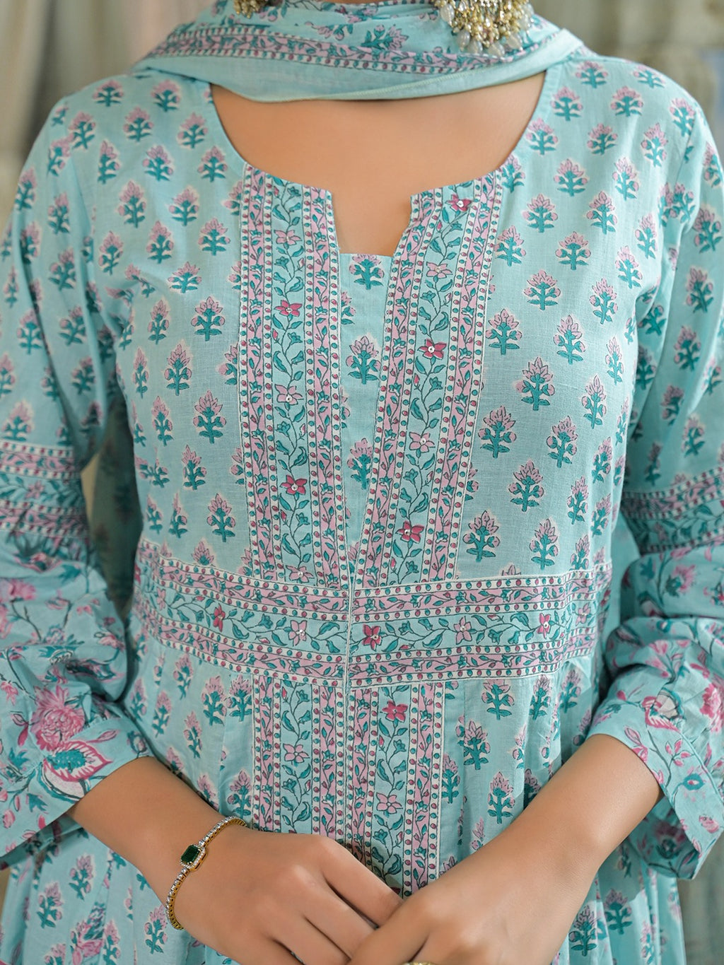 Sky Blue Printed Pure Cotton Anarkali Suit Set