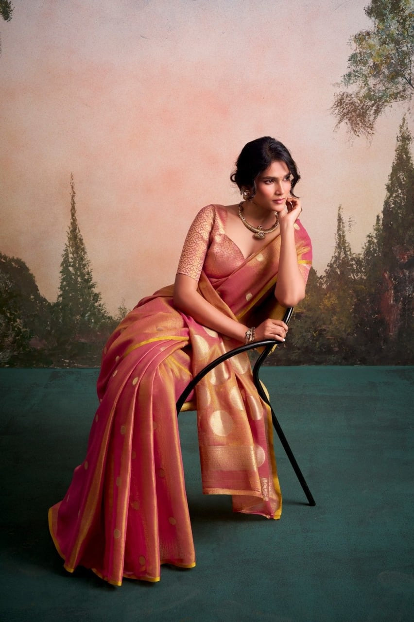 Luminous Tissue Silk with Gold Zari Motifs