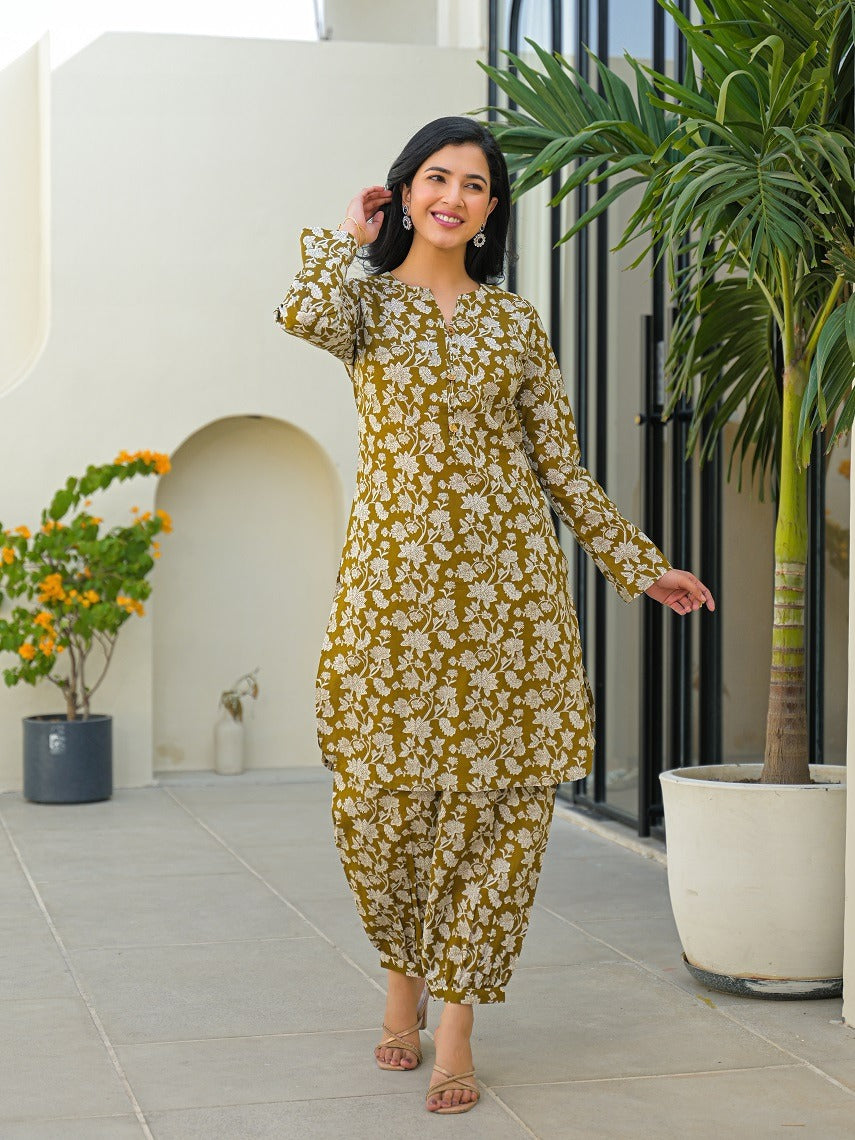 Olive Green Pure Cotton Kurta Afghani Co-ord Set
