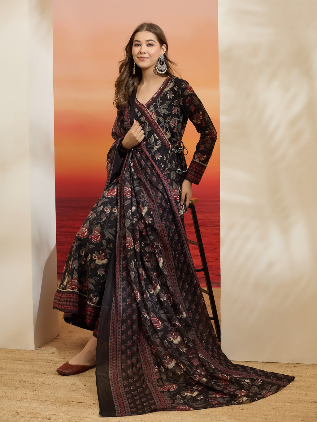 Elegant Black Floral Cotton Anarkali Set with Latkans & Dupatta