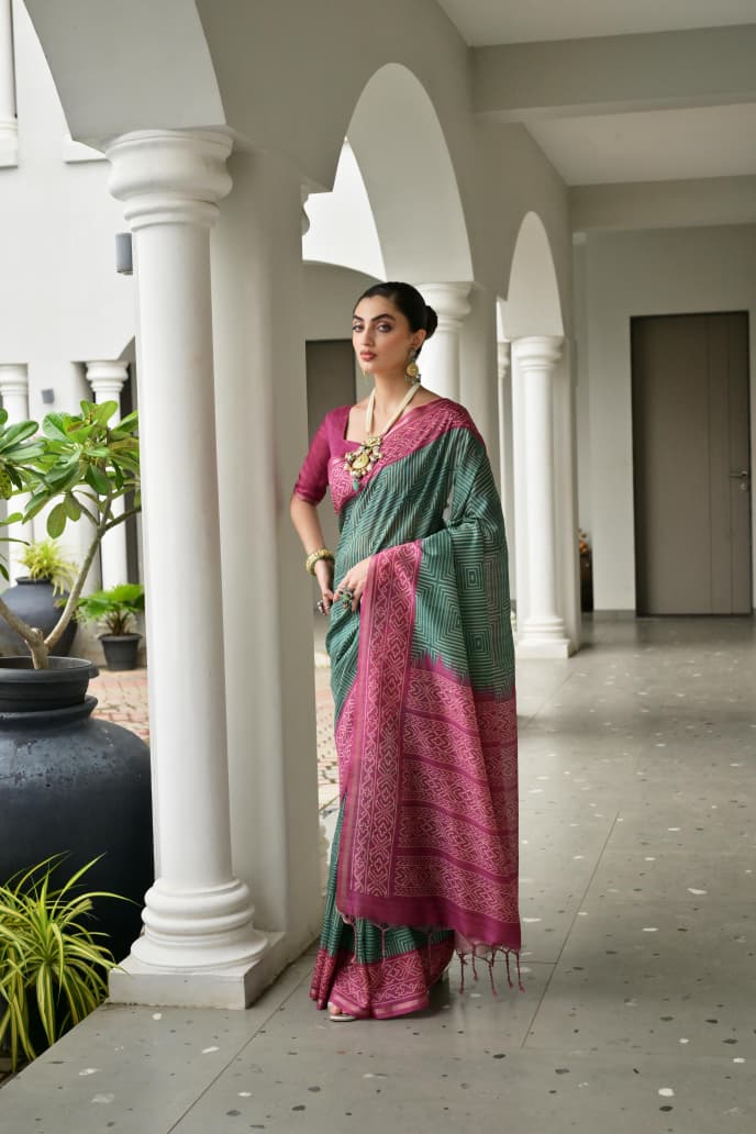 Soft Desi Tussar Silk Saree with Traditional Ikkat Pallu & Tassels