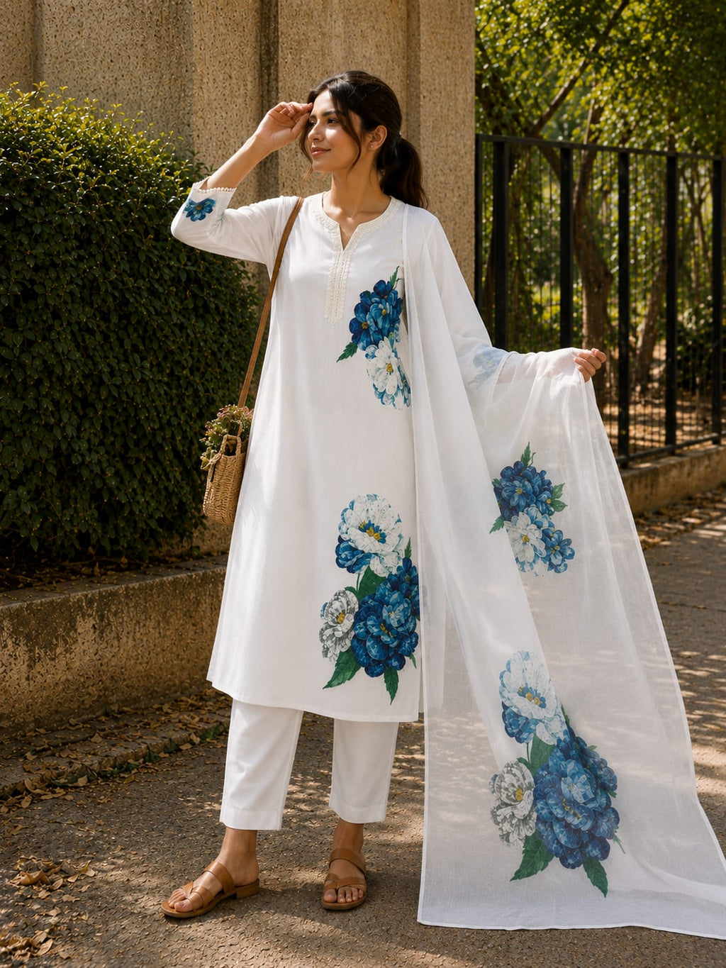 Off-White Lilan Cotton Suit Set | Multi-Color Printed 3-Piece Suit
