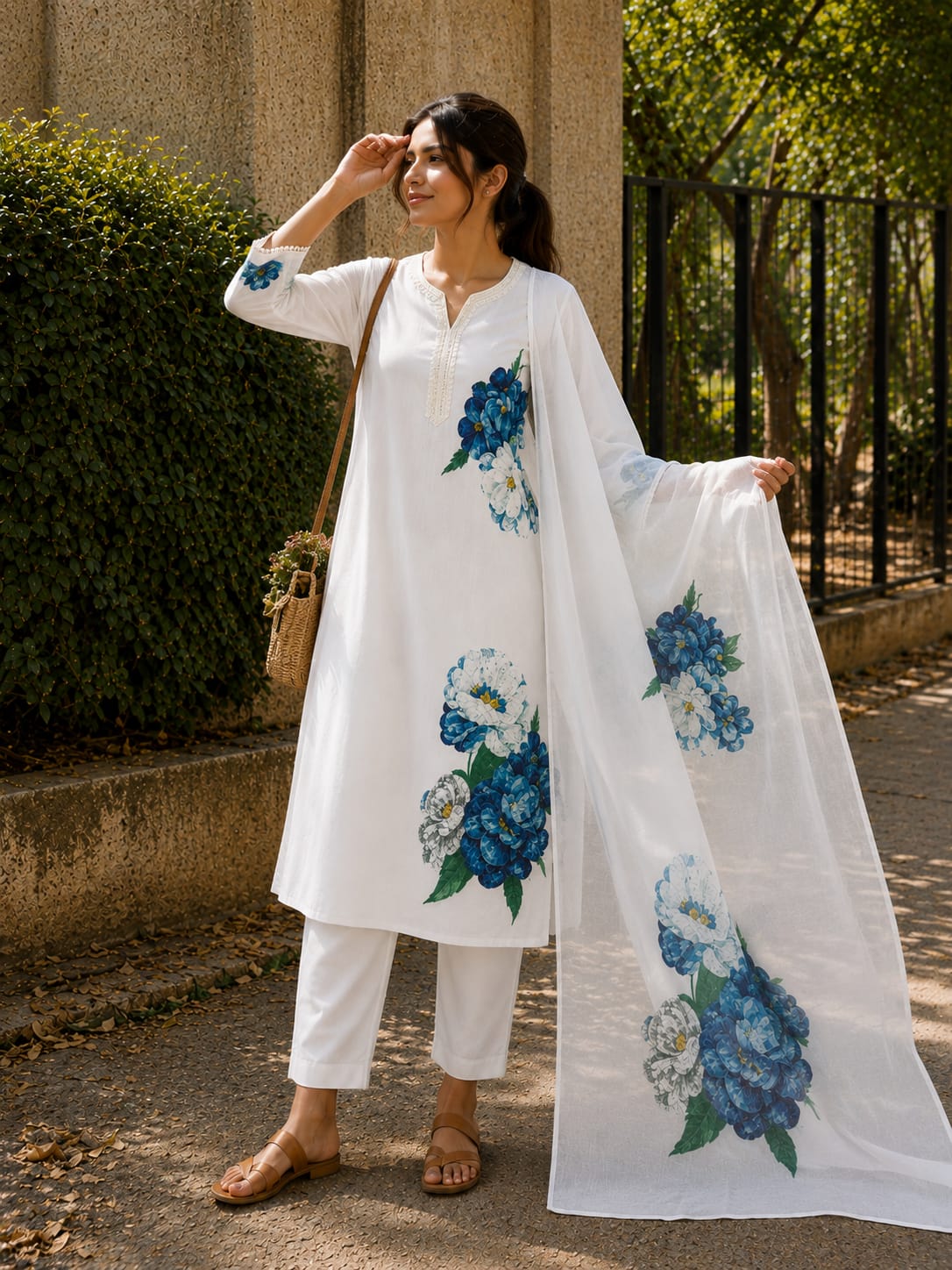 Off-White Lilan Cotton Suit Set | Multi-Color Printed 3-Piece Suit
