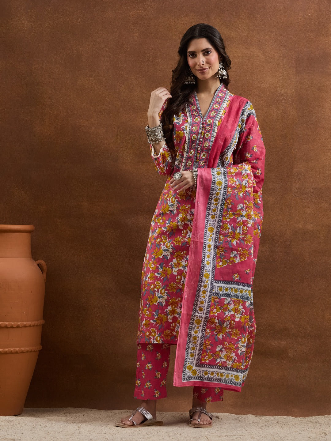 Pink Floral V-Neck Cotton Kurta Set with Matching Dupatta
