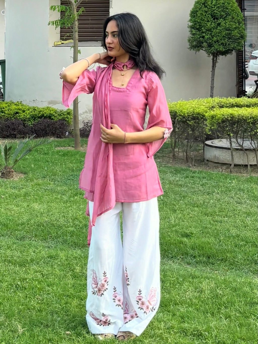 Elegant Dusty Rose Pure Roman Silk Short Kurti Set with Embroidered Palazzo
