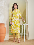 Floral Print Straight Fit Pure Cotton Yellow Kurta with Trousers